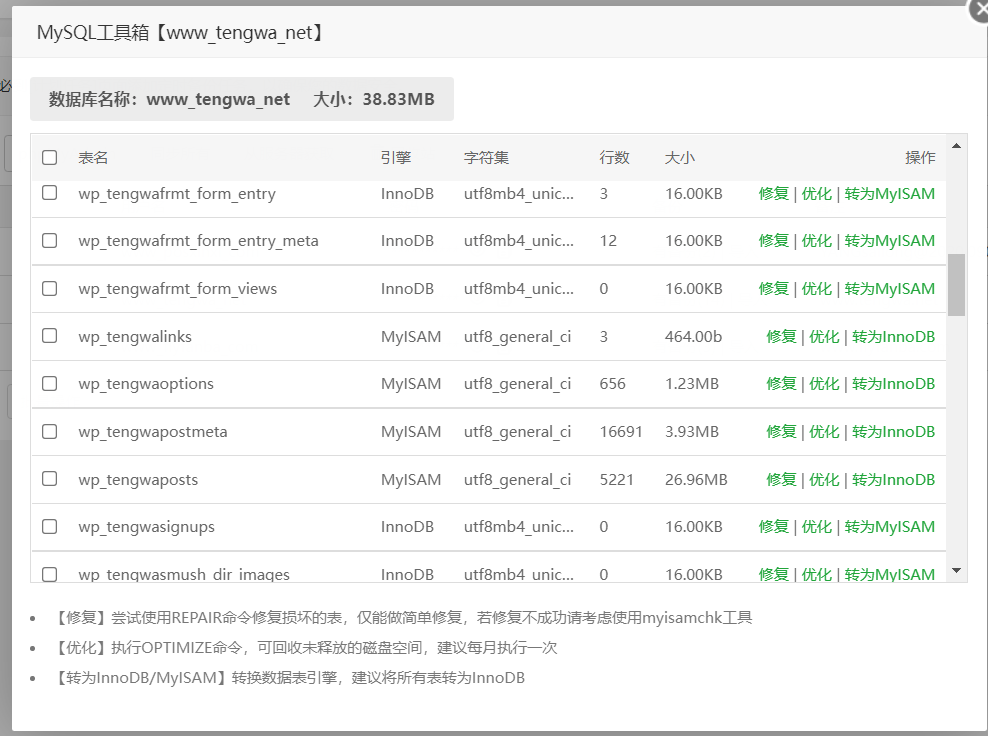 关于Warning: mysqli_query(): (HY000/1194): Table 'wp_tengwaoptions' is marked as crashed and should be repaired in /www/wwwroot/www.tengwa.net/wp-includes/wp-db.php on line 2056数据表格损坏修复